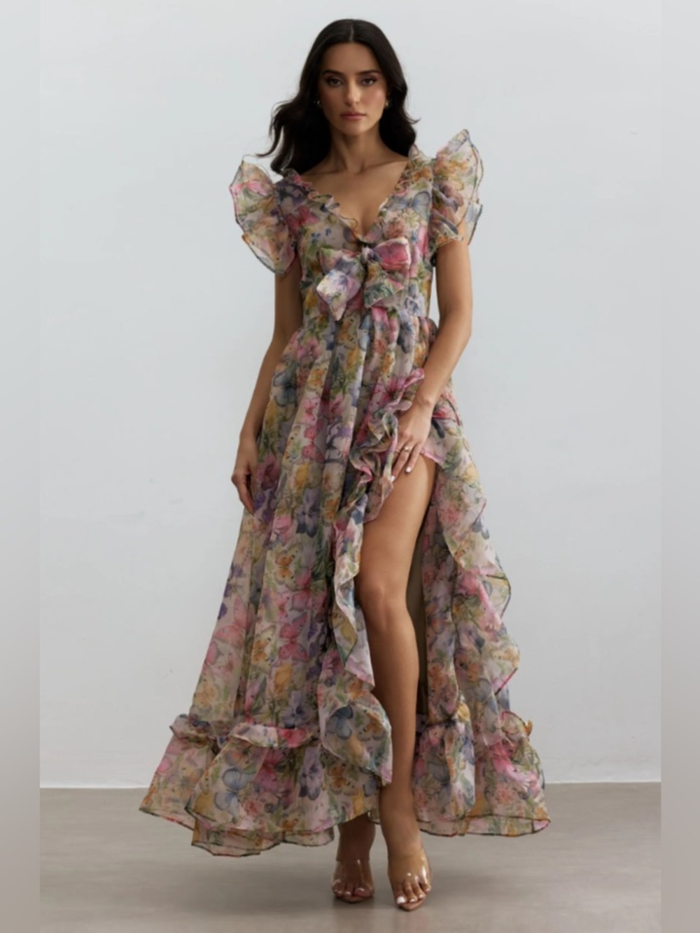 Sarah Butterfly Print Ruffle Chiffon Maxi Dress